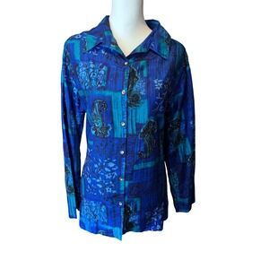 Chico's Design 100% Silk Beaded Paisley Patchwork Button Down Shirt Blue Size 3